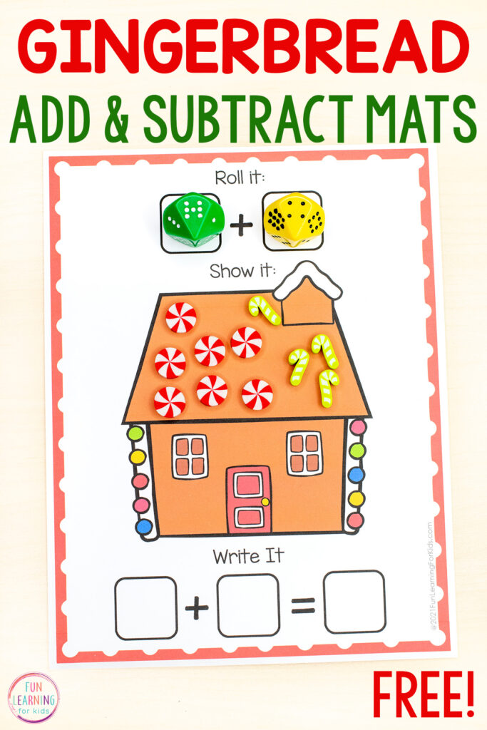 Free printable gingerbread addition and subtraction math activity mats for developing number sense in preschool, kindergarten and first grade.