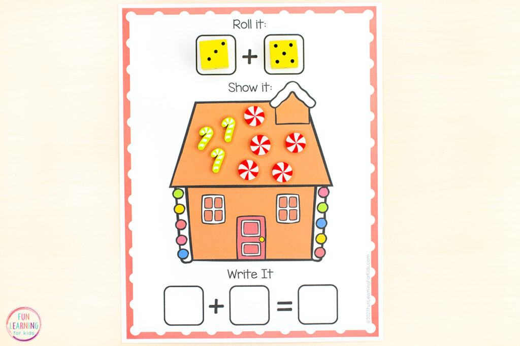 Free gingerbread theme math activity mats for teaching addition and subtraction skills. 