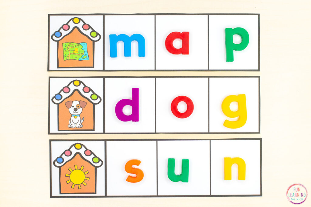 A free printable gingerbread literacy activity for learning to read and spell CVC words.