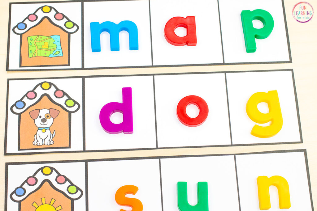 Free printable CVC word building strips to practice isolating sounds and build CVC words.