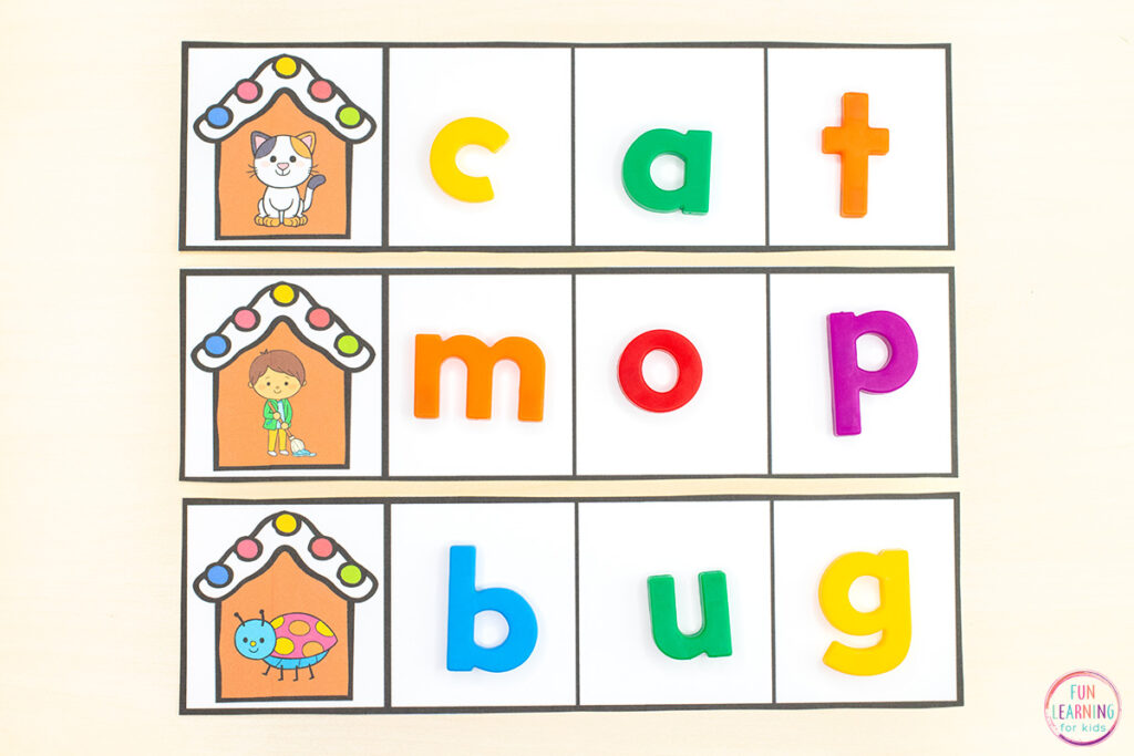 Free printable CVC word building strips for gingerbread theme literacy centers.