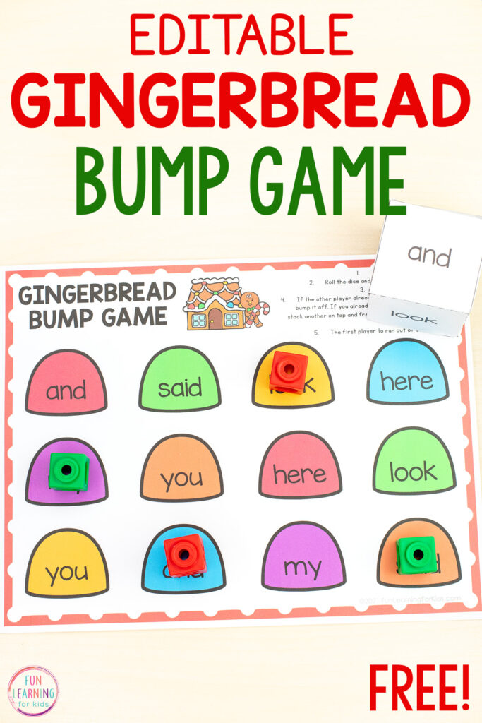 A free editable gingerbread bump game for your literacy centers this Christmas.