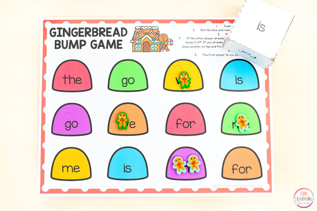 Free printable editable gingerbread word work game for learning high frequency words, spelling words, CVC words, phonics skills and more word work!