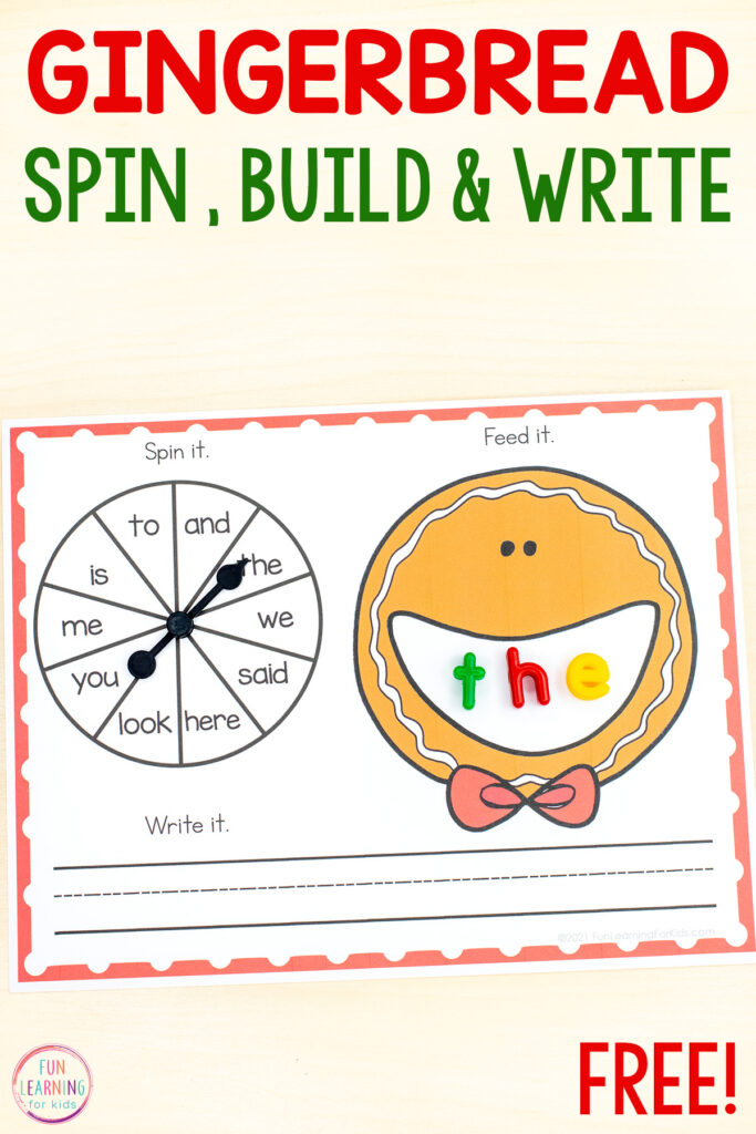 Free printable and editable gingerbread spin and build mats for fun word work and more! Add words, letters, math facts and more to this fun holiday activity for kids.