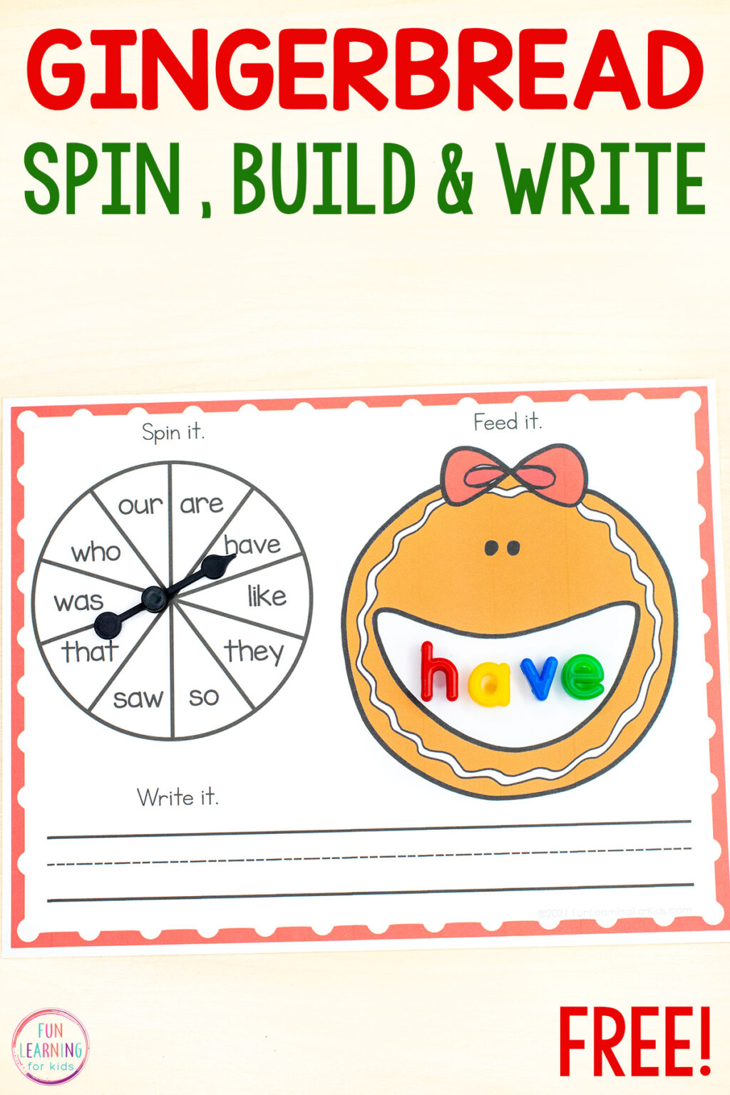 Editable Gingerbread Spin and Build Word Work Mats Printable