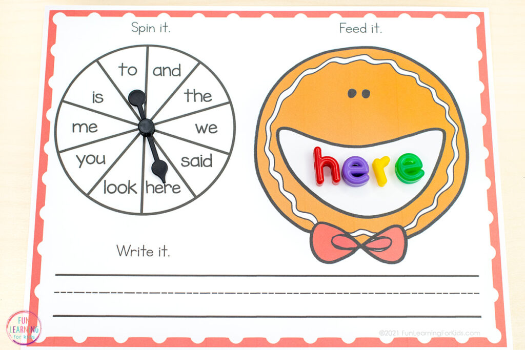 Free printable gingerbread theme editable activity for Christmas literacy and math centers.