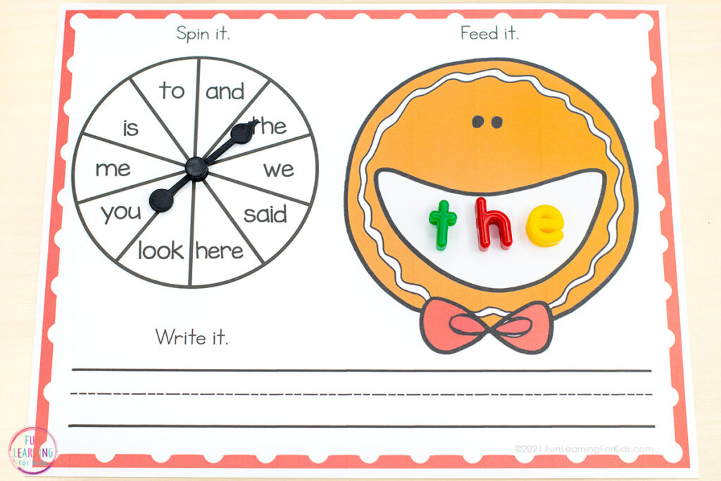 Free printable gingerbread activity for kids to use to learn sight words, spelling words, CVC words, words with blends and digraphs and more!