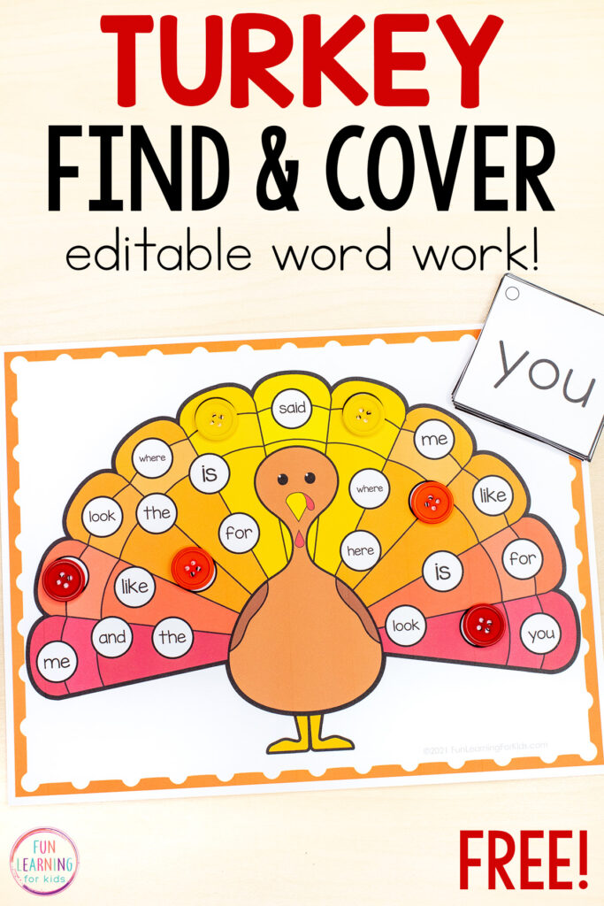 Free printable turkey find and cover the word mats for Thanksgiving theme literacy centers.