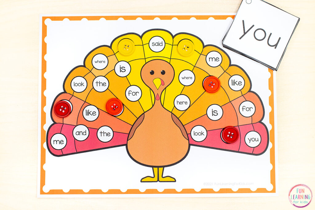 Free turkey theme word work activity for Thanksgiving literacy centers, small groups and more!
