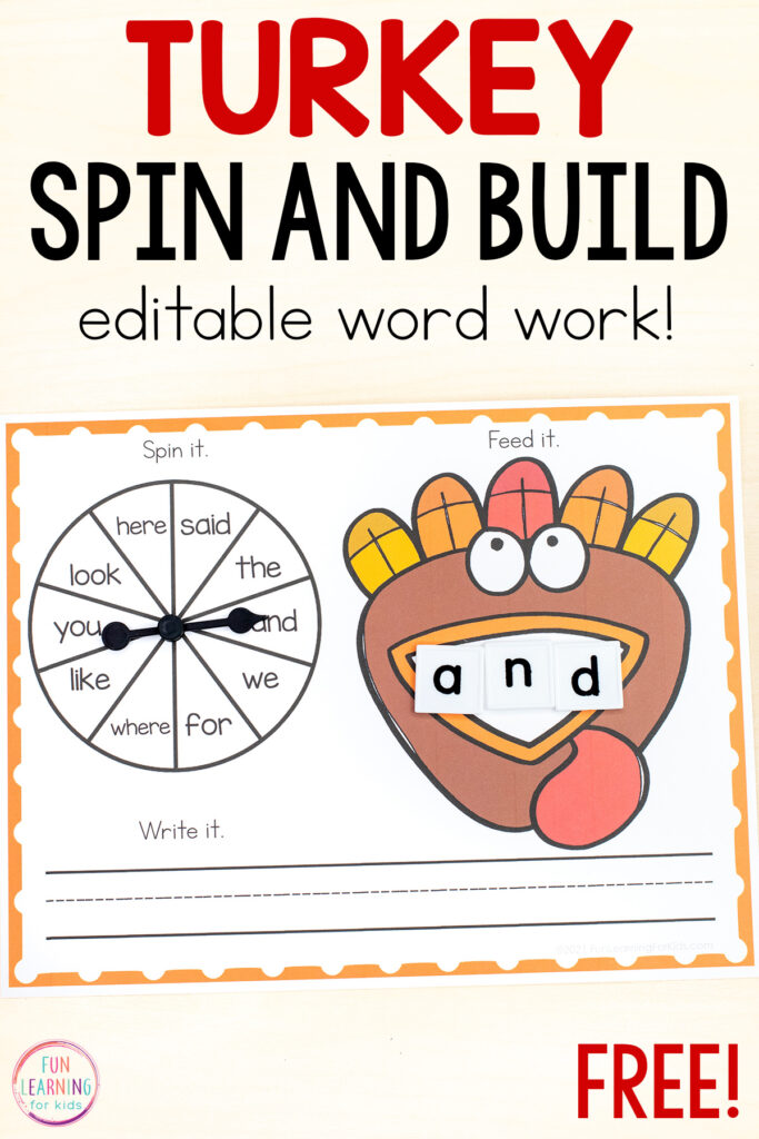 Free printable turkey theme editable mats for a variety of word work and phonics skills.