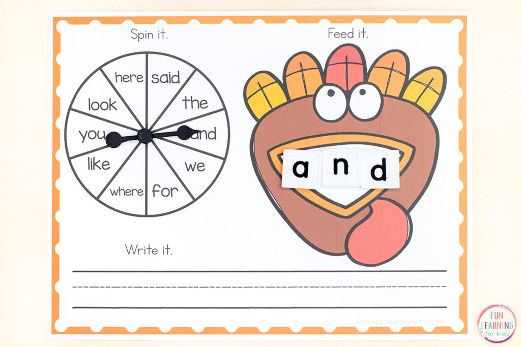 Free printable turkey theme editable word work mats for learning high frequency words, practicing reading and spelling and more.