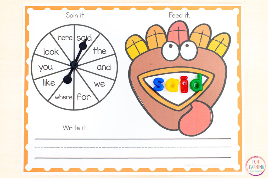 Turkey word work mats that you can edit. Perfect for a variety of math and literacy skills like word work, letter recognition, and math facts.