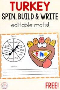 Editable turkey word work mats for literacy and math centers.