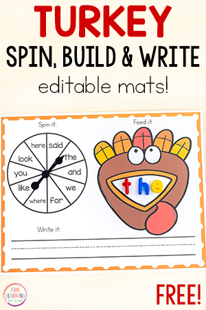 Editable Turkey Spin and Build Word Work Printable Mats