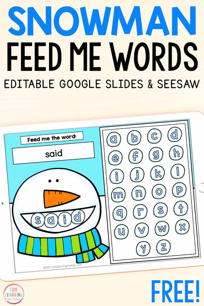 Free digital feed the snowman words activity for Google Slides and Seesaw. Perfect for winter literacy centers and all kinds of word work!