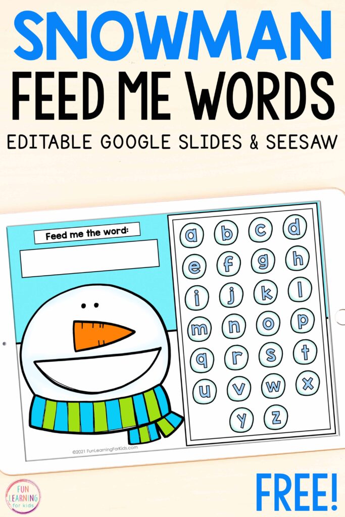 Free snowman theme Google Slides and Seesaw word work activity for winter literacy learning in centers, small groups, distance learning and more.