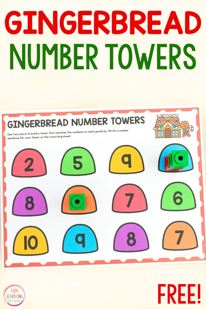 Free printable gingerbread theme math activity for kids to use during Christmas math centers this holiday season.