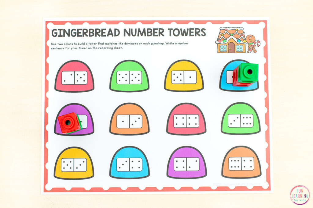Free printable number towers math activity to develop number sense in preschool and kindergarten.