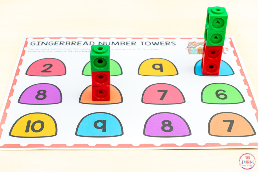 Gingerbread theme Christmas math activity for learning to compose and decompose numbers to 10.