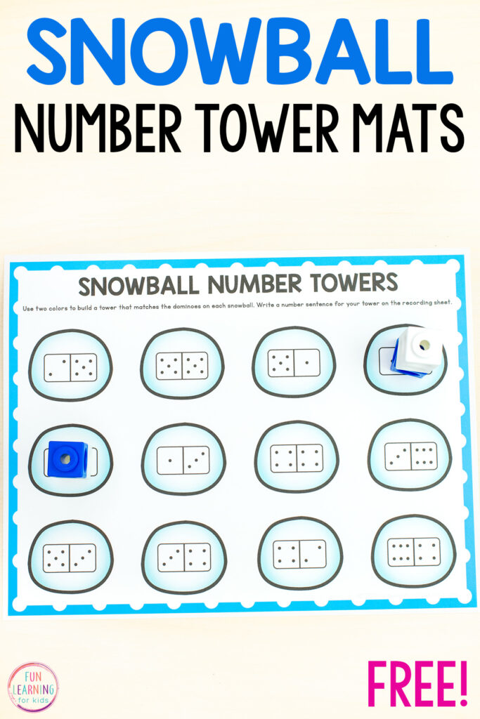 Free printable snowball number towers math activity for winter math centers in preschool, kindergarten and first grade.