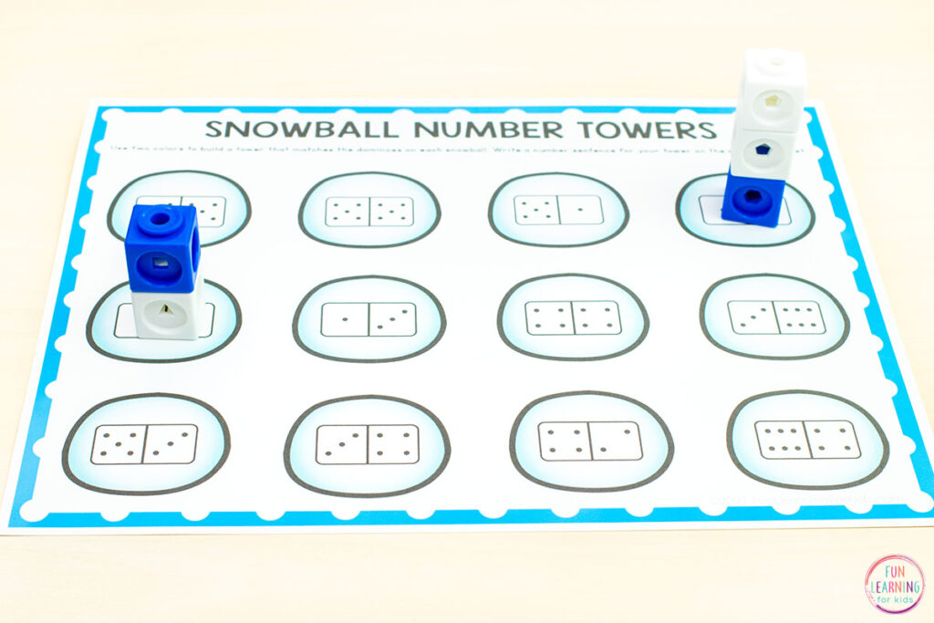 Free snowball theme winter math activity for practice with number composition and creating number sentences.