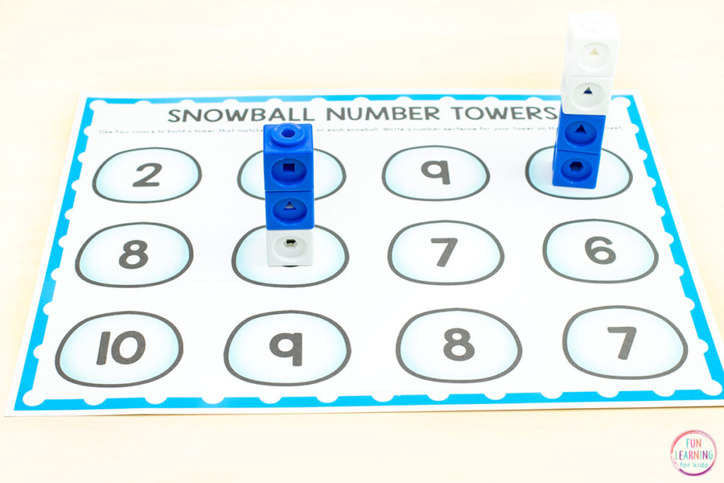 Free printable winter theme math activity for kindergarten or first grade.