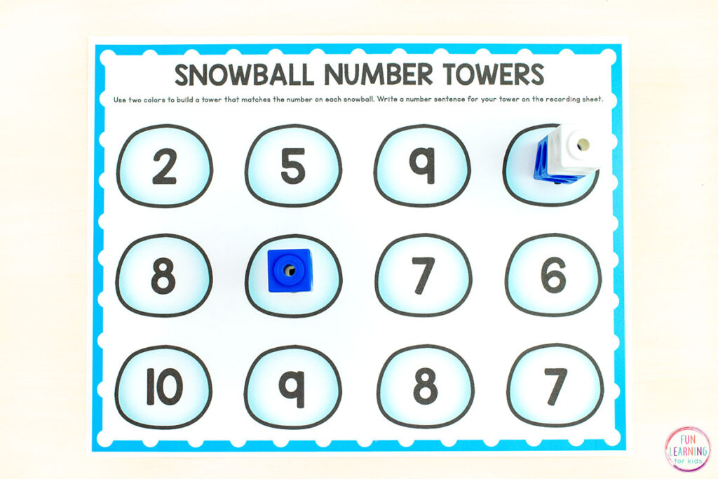 A fun snowball winter theme math activity for kids to practice number composition and making number sentences.