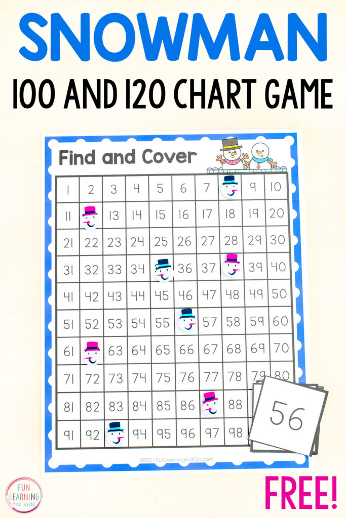 Snowman 100 and 120 chart find and cover number mats math activity for winter math centers in preschool, kindergarten and first grade.
