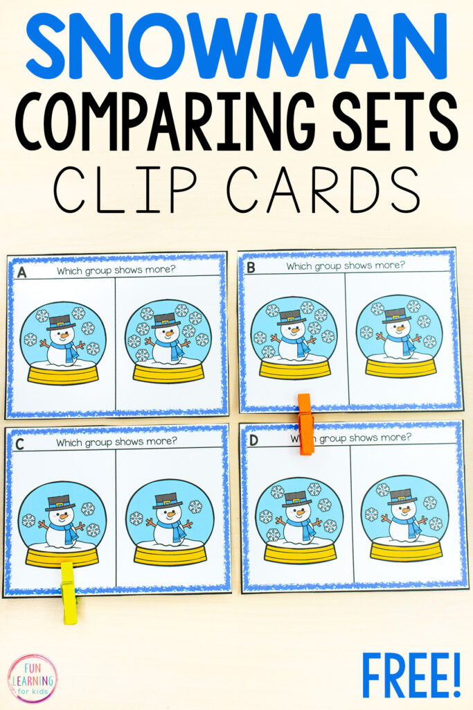 Free printable snowman comparing sets clip cards for math centers in preschool and kindergarten.