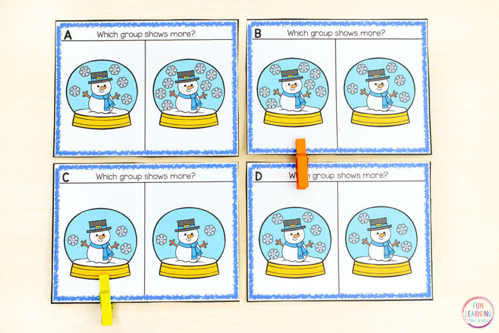 Free printable snowman comparing numbers math activity for winter math centers in preschool and kindergarten.