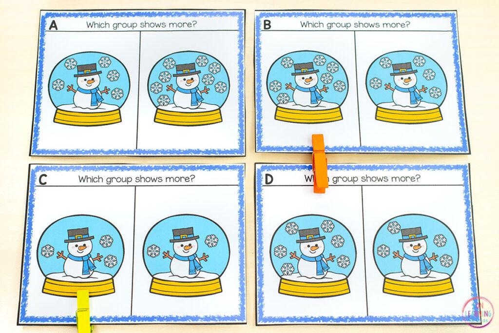 A fun winter number sense activity for your snowman theme math centers for kids.