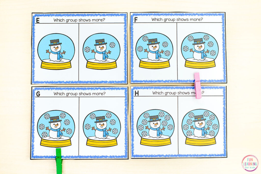 Free printable snowman comparing sets clip cards for developing number sense and learning to write number sentences.
