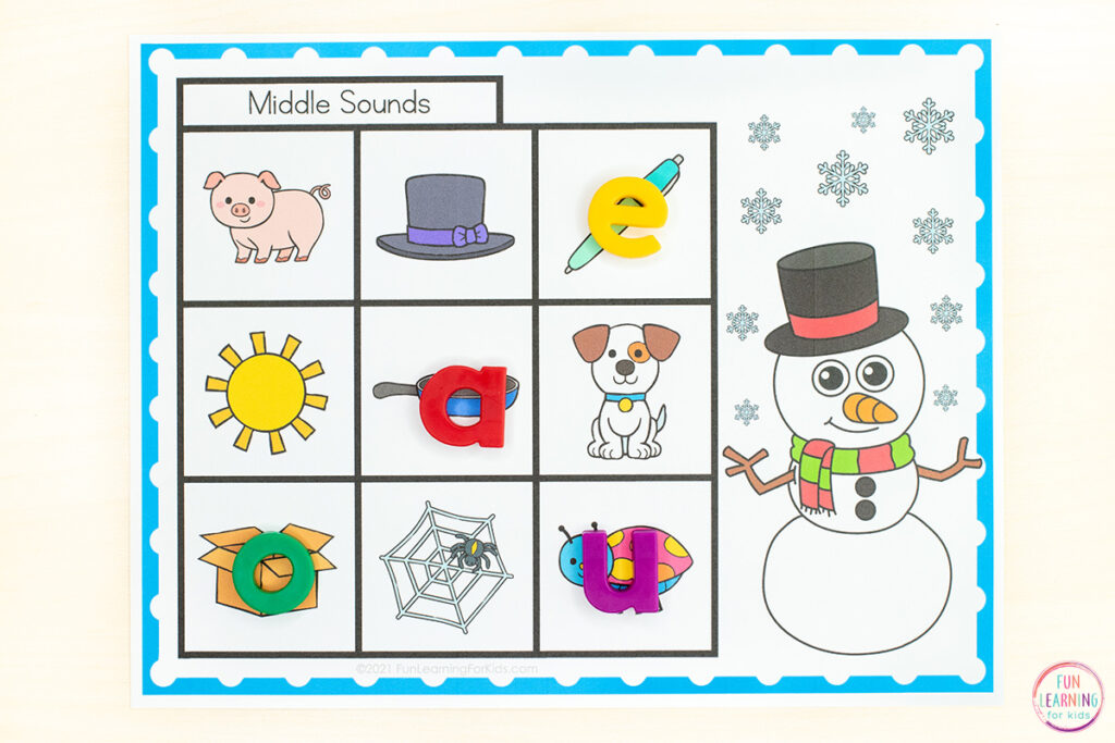 A hands-on phonics activity for winter small group instruction or literacy centers in kindergarten and first grade.