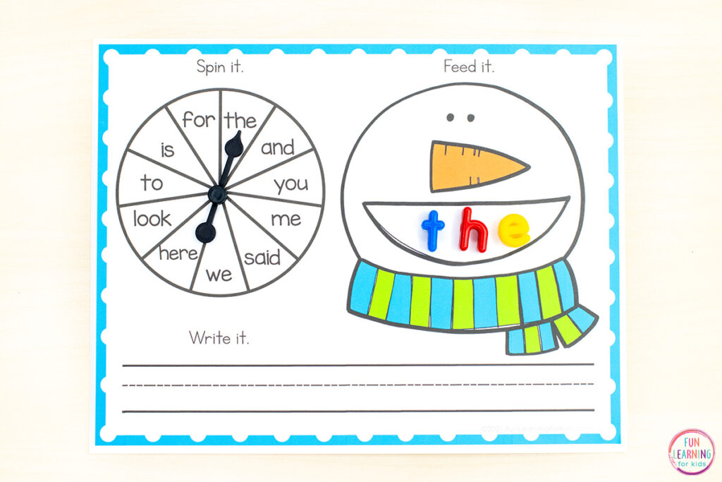 A fun editable snowman activity for learning sight words or high frequency words.