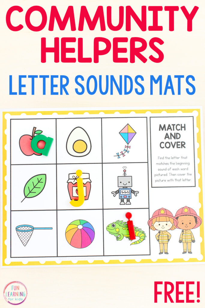 Free printable community helpers beginning sounds mats for kids who are learning the alphabet and letter sounds. Picture shows a mat with objects that start with different letters of the alphabet and some of the pictures are covered with the letter that object starts with. 