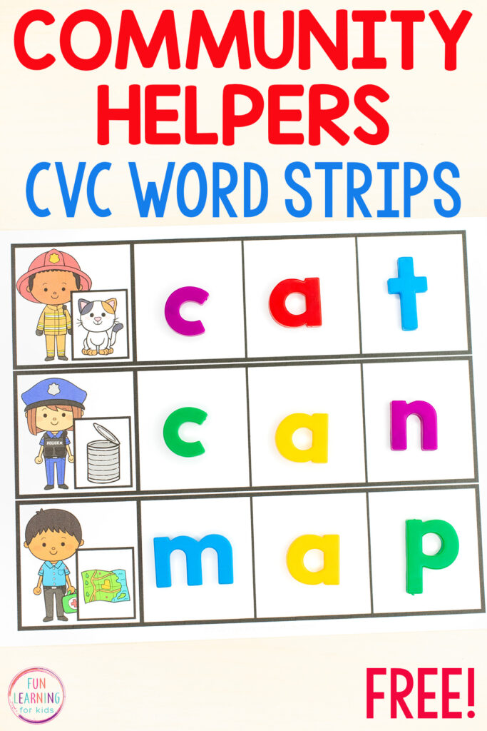 Free CVC word strips with a community helpers theme. Students look at picture, isolate each sound and then build the word in the 3 boxes on the right.