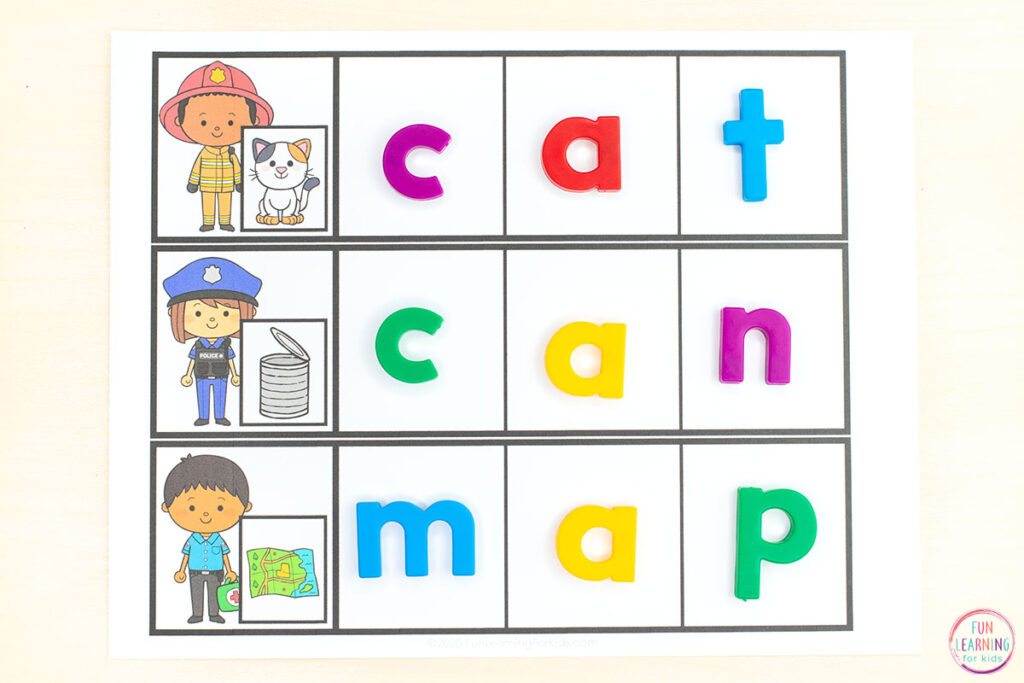 Free community helpers activities for learning CVC words in kindergarten and first grade.