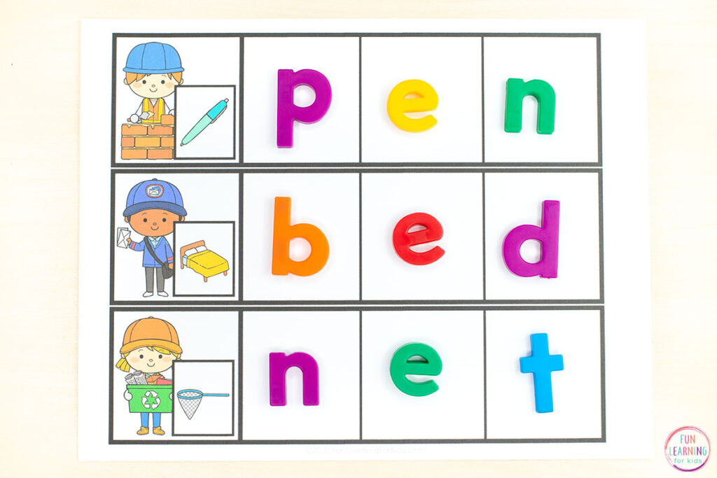 Free CVC word work activity for community helpers theme lesson plans.