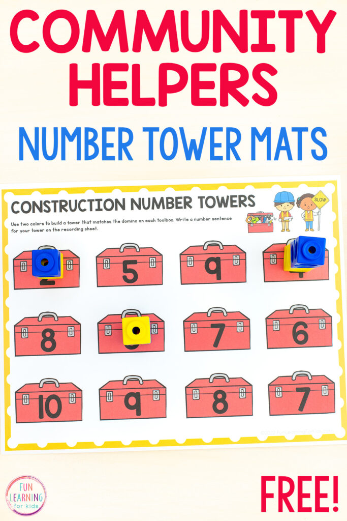Red toolbox construction themed number sense mats. Each picture of a toolbox has a number on top of it. Students will use two different color snap cubes to make a tower that adds up to that number.