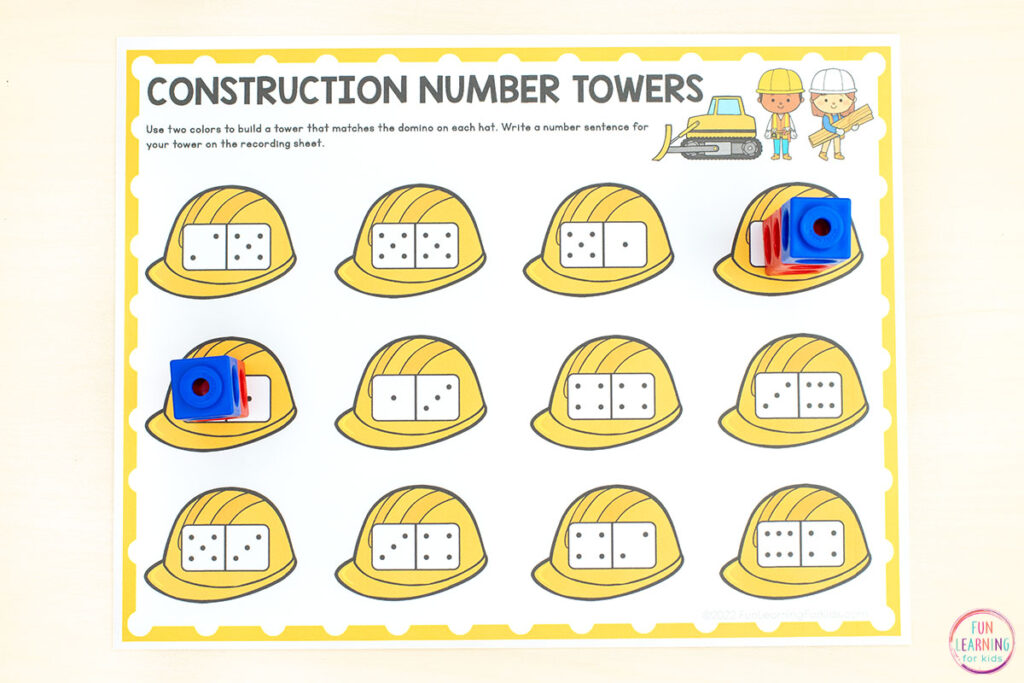 Construction theme math activity for developing number sense in preschool and kindergarten.