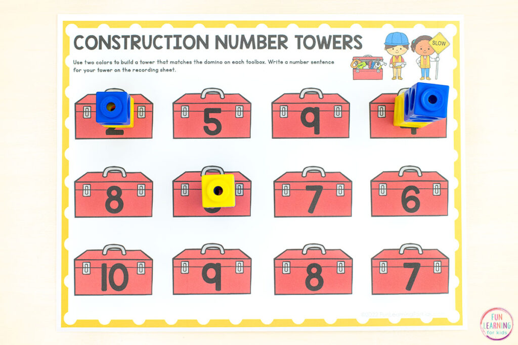 A fun community helpers theme number sense activity for practice with number composition. 