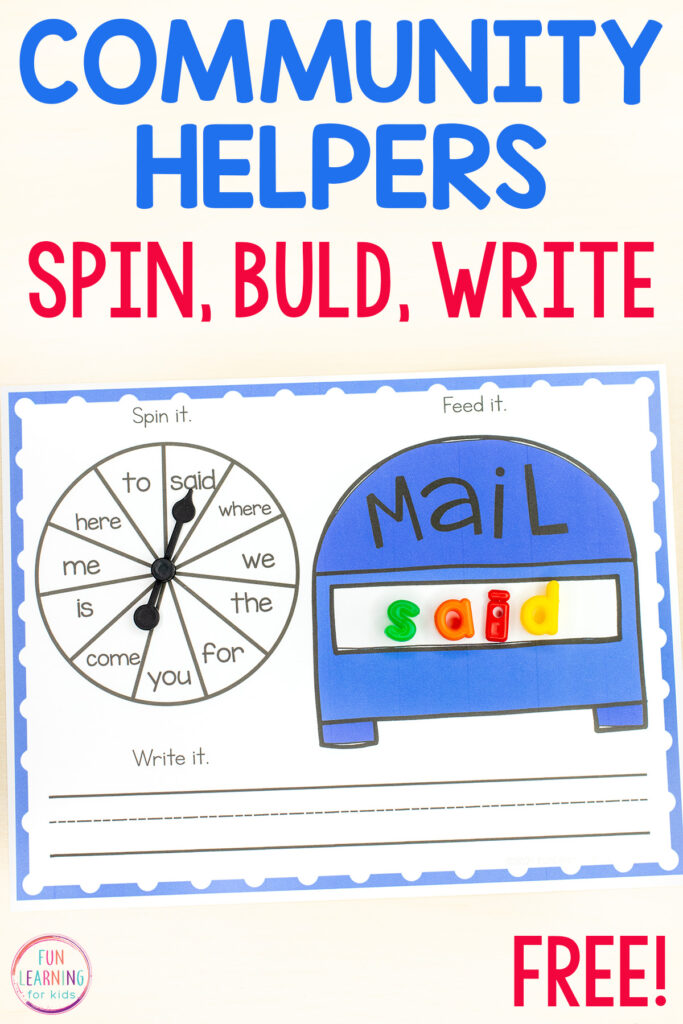 There is a spinner on the left side of the mat and the spaces on the spinner are editable. There is a mailbox on the right side of the mat. Students spin the spinner and then build that word on the open space on the mailbox. There are handwriting lines at the bottom of the mat so students can write the word/letter/number.