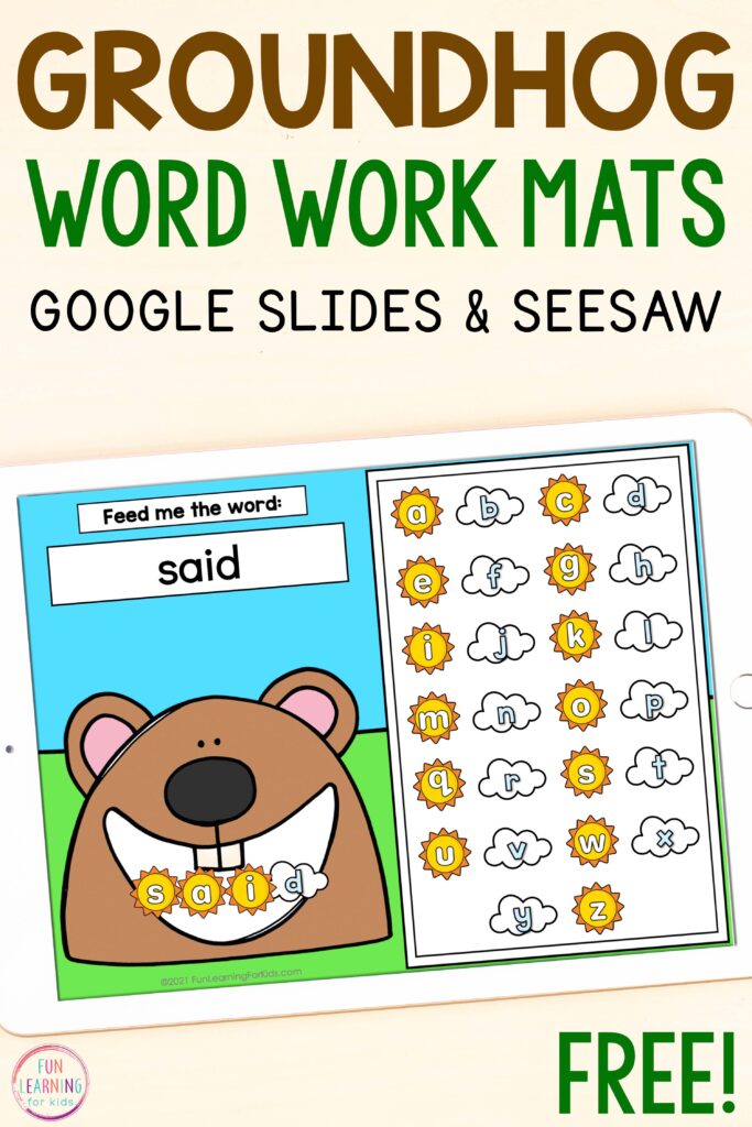 Digital feed the groundhog words activity for use on Google Slides and Seesaw. Students will feed the groundhog words by dragging over sun and cloud letter tiles to make the word over the groundhog's mouth.