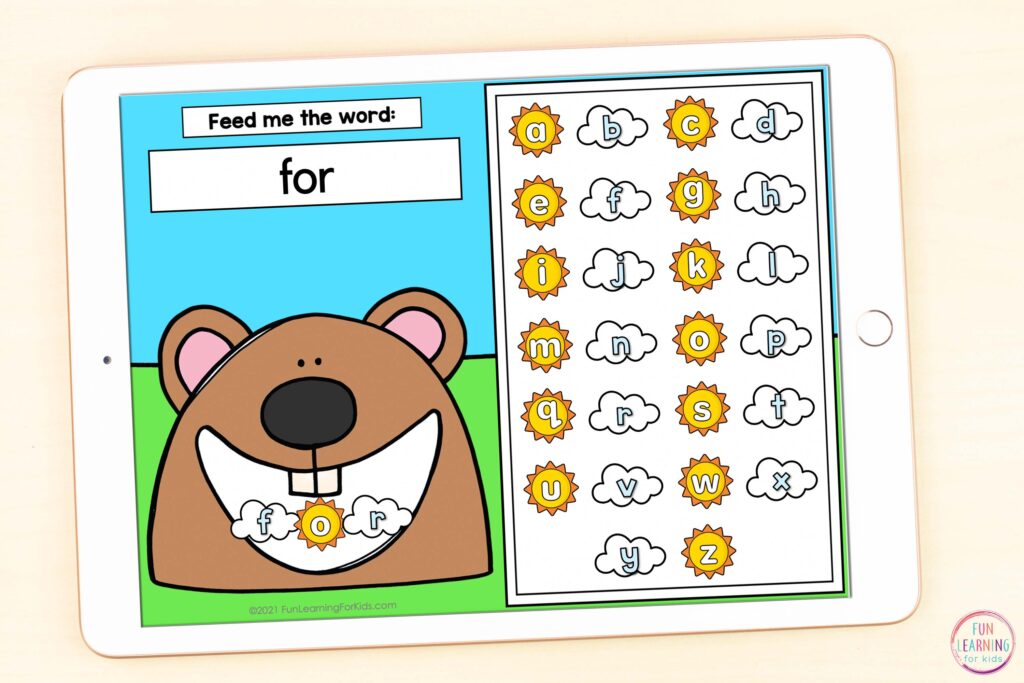 Free Groundhog Day word work activity for pre-k, kindergarten and first grade literacy centers and virtual learning.