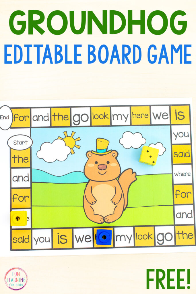 An editable board game with a Groundhog in the middle and editable game board around the outside. Type in any words or math facts or letters you want and play for fun and learning!