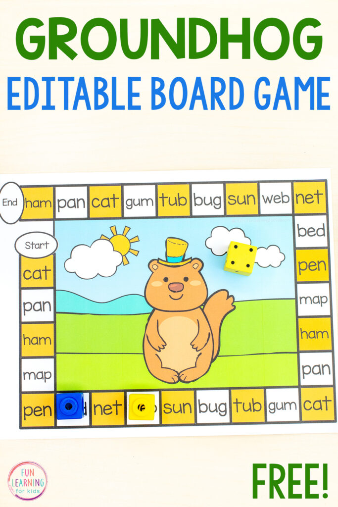 A fun Groundhog Day activity for kids. This editable board game can be used for math and literacy skills and has a groundhog theme.