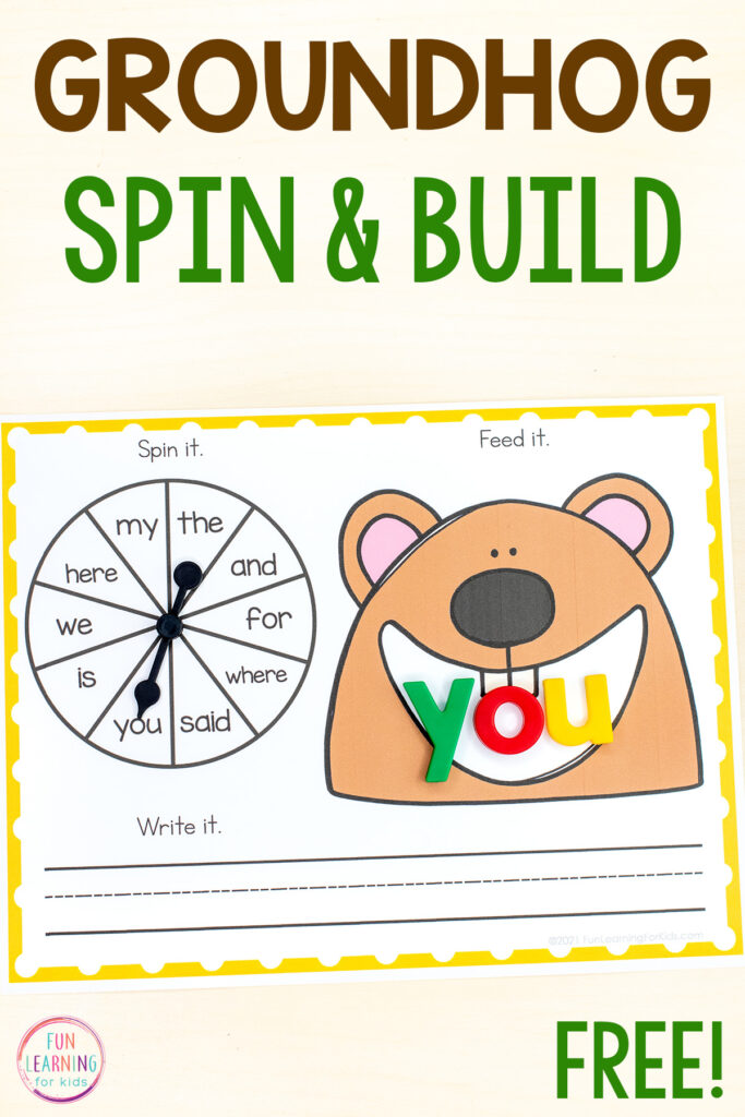 A free printable and editable Groundhog Day spin and build mats for word work. Perfect for literacy centers in kindergarten and first grade.