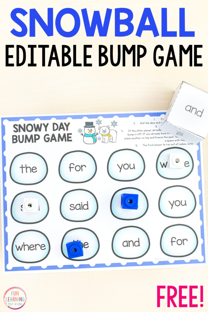 Free printable winter theme editable bump game for literacy centers in kindergarten and first grade.