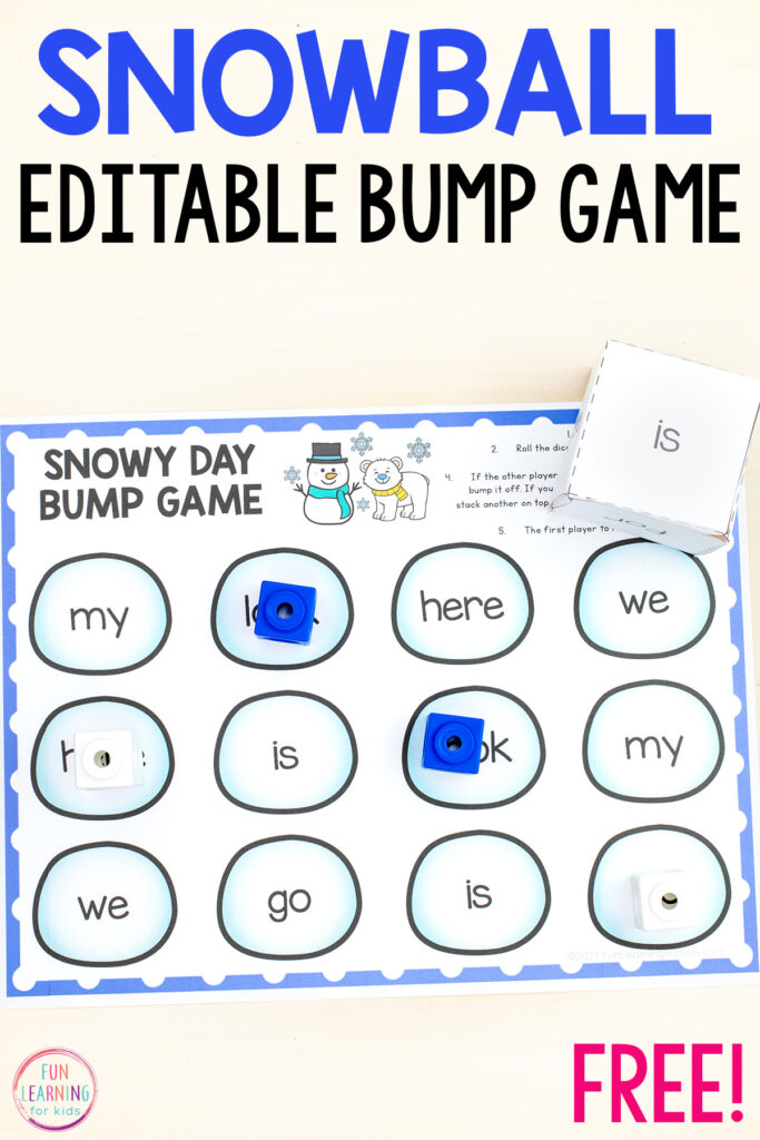 A fun winter work work editable bump game for literacy centers.