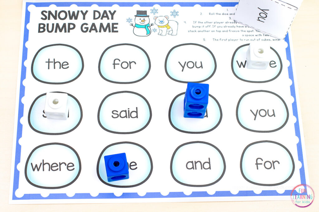 Free printable and editable winter bump game for learning sight words, high frequency words, CVC words and more!